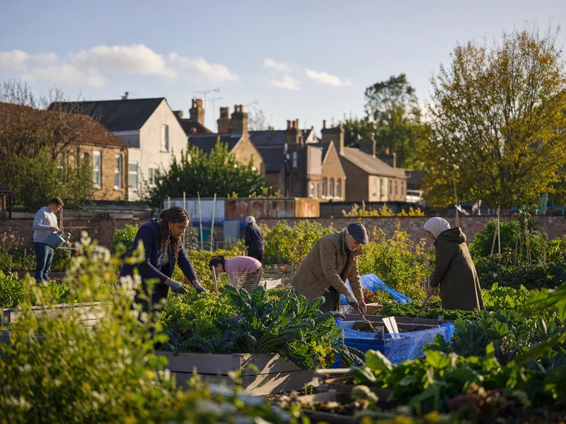 Neighbours of different ages and backgrounds tending raised vegetable beds together in a sunny community allotment, with brick terraced houses and autumn trees behind.