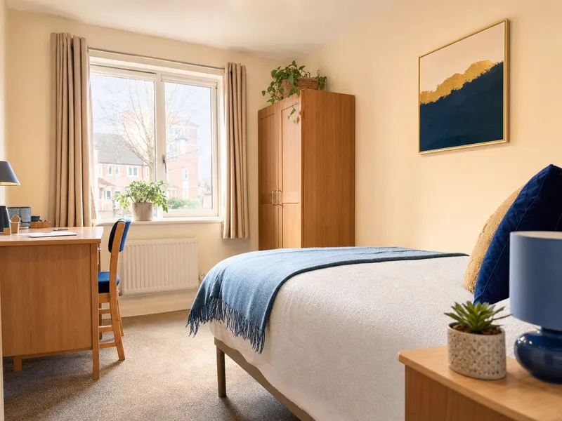 A bright, comfortable single bedroom with a made bed and soft blue throw, a wooden desk and chair, a wardrobe, a plant on the windowsill, and daylight coming through a window overlooking red-brick houses.