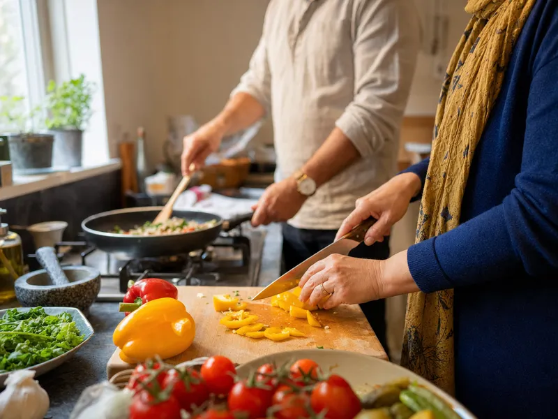 Two people cooking side by side in a home kitchen, one chopping a yellow pepper on a wooden board while the other stirs vegetables in a frying pan on the hob.
