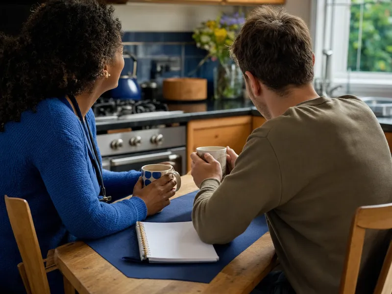 A support worker in a blue cardigan and a young man in an olive jumper sit at a wooden kitchen table with mugs of tea and an open notebook, talking together in a bright, homely kitchen.